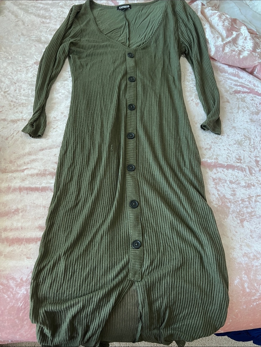 Express Olive Green Ribbed Button-Front Long Sleeve Midi Dress